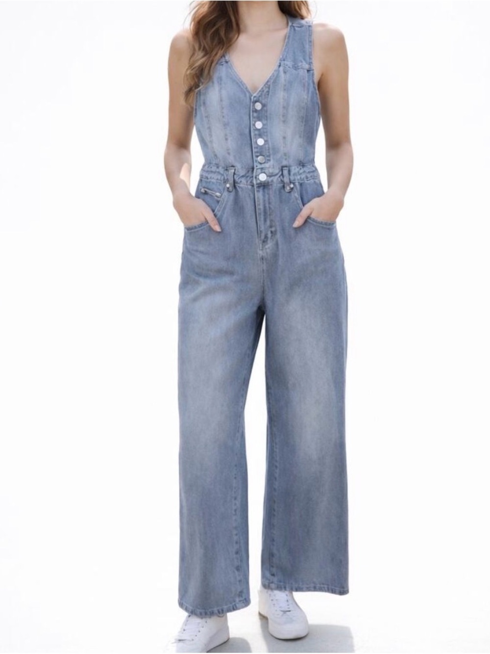 Sincerely Jules Wide-Leg Denim Jumpsuit - Light Blue